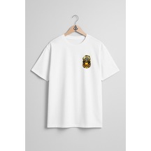Oversize Gold Dalış Başlığı Cep Ve Sırt Tasarımlı Unisex T-shirt Beyaz