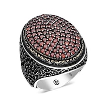 Gümüş Kırmızı Zirkon Taşlı Oval Erkek Yüzük (551186490)
