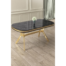 Canisa Epal Serisi 90x168 Lak Panel Gold Ayak Siyah Mermer Desen Sabit Mutfak Masası Masa Siyah Mermer Desen Ayak Gold