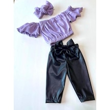 Özge Başaran Kız Çocuk, Likralı Deri Fiyonk Detaylı Pantolon, Lila Straplez Crop Bluz Ve Saç Lila