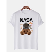 Startmore Unisex Beyaz Nasa Uzaylı Ayıcık Baskılı Bisiklet Yaka Oversize Tişört Beyaz