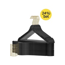 24 Adet - Ahşap Görünümlü Plastik A Kalite Siyah Elbise Askı Gold Kanca Plastik Siyah Diğer