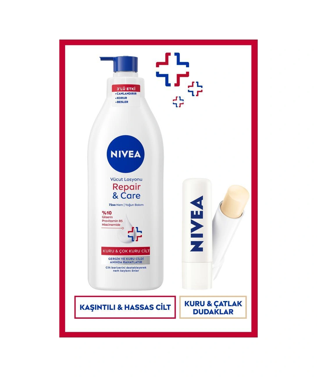 Repair&care Yoğun Nemlendirici Vücut Losyonu 400ml Ve Nemlendirici Dudak Kremi, Kuru Cilt Bakım Seti