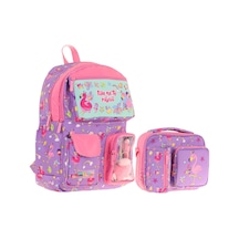 Kaukko Peluş Flamingolu Mor Pembe Kız Çocuklar İçin Okul Çantası Ve Beslenme Çantası Seti L5240+l7240 Mor - Pembe