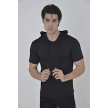 Erkek Kapşonlu Slim Fit T-shirt - Siyah Siyah