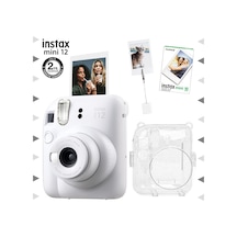 Fujifilm Instax Mini 12 Fotoğraf Makinesi + 10'lu Film + Kıskaçlı Resim Standı + Simli Pleksi Kılıf Seti Beyaz