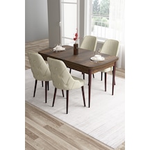 Canisa Tia Serisi 80x132 Açılabilir Mdf Mutfak Masası Takımı Barok Desen Masa 4 Krem Sandalye Masa Barok Ahşap Desen Sandalye Krem