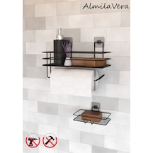 Güçlü Yapışkanlı Banyo Rafı Kağıt Havlu Tutacağı Ve Metal Sabunluk Set Düzenleyici Siyah