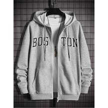 Bos Ton Fermuarlı Hırka Sweatshirt - Gri Baskılı Oversize Kışlık Kalın Kapüşonlu Gri