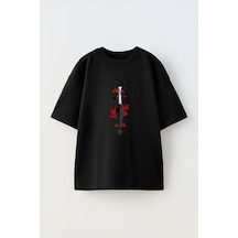 Thewert Unisex Kunai Red Cloud Tasarım Baskılı Pamuk Sıyah Oversize T-shirt Siyah