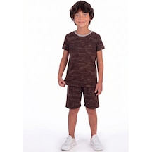 Onloox Erkek Kahverengi Erkek Çocuk Kahverengi Pamuklu Penye Bisiklet Yaka Tam Kalıp Desenli Pijama Takımı 4-8 Yaş