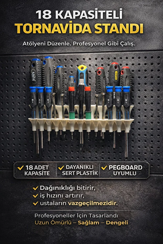 18 Kapasiteli Tornavida Standı Pegboard Uyumlu Duvar Tipi Atölye Düzenleyici Organizer -