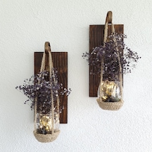 Duvar Dekoru, Led Işıklı, Mor Cipso Çiçekli Aplik, Ceviz Ikili