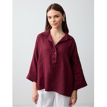 Jimmy Key Jimmy Key Bordo %100 Keten Rahat Kesim Truvakar Kol Gömlek Yaka Bluz 6sw036632562