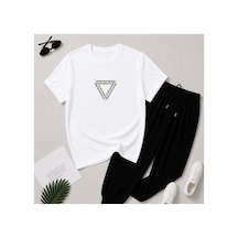 Herkesemoda Yazı Baskı Detaylı T-shirt Eşofman Takımı Beyaz