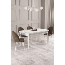 Calvin Beyaz Mermer Desen 80x132 Mdf Açılabilir Mutfak Masası Takımı 4 Adet Sandalye Kahverengi