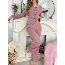 Bella Notte Gül Kurusu Pamuklu Fiyonk Detaylı Uzun Kollu Pijama Takımı Pembe