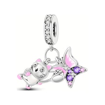 Kelebeği Yakalayacak Kedi Sallantılı Gümüş Charm