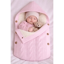 % 100 Organik İçi Polarlı Kapüşonlu Düğme Detaylı Triko Bebe Kundağı 75 X 40 Cm 1068 Pembe Pembe