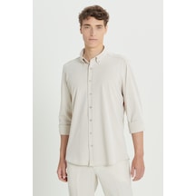 Erkek Bej Comfort Fit Geniş Kesim Düğmeli Yaka Pamuklu Gömlek Bej