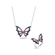 Brezza Lusso Jewelry Gümüş Pembe Siyah Taş Geçişli Kelebek Kadın Kolye Yüzük Set