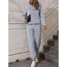 Hampton Eşofman Takımı Sweatshirt Jogger - Gri Baskılı Oversize Şardonlu Kapüşonlu Lastik Paça Gri