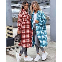 Kadın Kırmızı Uzun Ekose Detay Fırsat Ürün Ekose Ceket Kırmızı