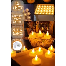 Ledli Mum Tealight Işıklı Dumansız Sarı Alevli Led Mum Pilli 12 Adet Pil Dahil Sarı