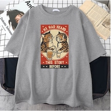 Flood Of Style Erkek Gri He Had Heard Baskılı Oversize Bisiklet Yaka Tshirt