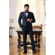 Ac&Co / Altınyıldız Classics Erkek Lacı Slim Fit Dar Kesim Kırlangıç Yaka Desenli Kruvaze Smokin Takım Lacı Lacivert