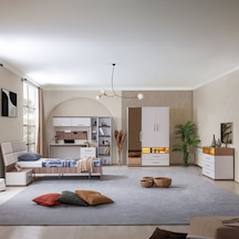 Milano Genç Odası - 3 Kapaklı Aynalı Dolap, Karyola, Komodin, Çalışma Masası, Şifonyer, Kitaplık Beyaz