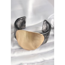 Siyah Mermer Desen Akrilik Plastik Gold Daire Plaka Model Vintage Kadın Bilezik - Lisinya Çok Renkli