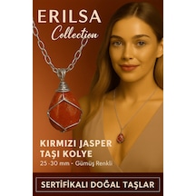 Sertifikalı Gümüş Tel Sargılı Doğal Kırmızı Jasper Taşı Kolye 25-30 Mm  Ve Güç Taşı Kırmızı