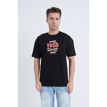 Erkek Oversize Baskılı T-shirt Siyah Vintage 1950 Siyah