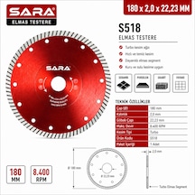Sara S518 180 Mm Turbo Hassas Mermer Kesme Diski 2,0 22,23 Mm, Maksimum 8.400 Rpm