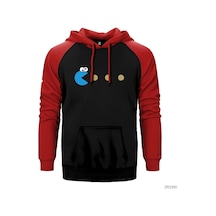 Pac-Man Blue Kırmızı Reglan Kol Kapşonlu Sweatshirt Kırmızı