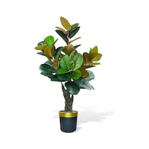 Yapay Ağaç Kauçuk Ağacı Metal Gold Kemerli Saksıda Ficus Elastica Salon Çiçeği 150*90 61 Yaprak