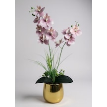 Yapay Çiçek Pudra Pembe Islak Orkide Gold Metal Saksıda Saksıda Orkide 50cm