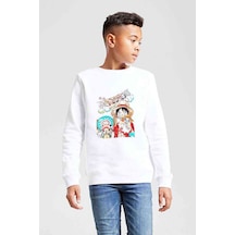 Tshirthane Anime One Piece Luffy Hat Baskılı Unisex Çocuk Beyaz Sweatshirt (534773383) Beyaz