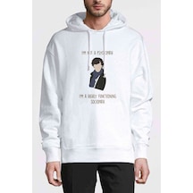 Sherlock Holmes Baskılı Beyaz Erkek Örme Kapşonlu Sweatshirt