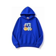Herkesemoda İt's Ok Baskılı Kapüşonlu 2 İplik Şardonlu Sweatshirt Mavi