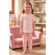 Öts Kız Çocuk Pamuklu Pijama Takımı Kısa Kol Uzun Alt Desenli Geniş Ve Rahat Kesim 474003 Renkli-3
