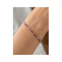 Color Gümüş Çerçeveli Rainbow Renkli Zirkon Taş Detaylı Silver Lastikli Bileklik Çok Renkli