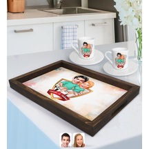 Kişiye Özel İsimli Sevgililer Karikatürlü Doğal Ahşap Tepsi Ve 2 Li Kahve Fincan Seti-55