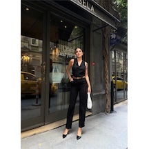 Defymoda Keten Duble Paça Deri Taba Kemerli Pantolon - Siyah Siyah
