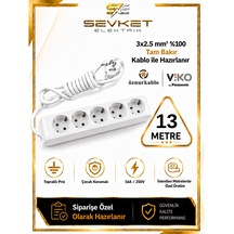 Viko 5'li Grup Priz 13 Metre Beyaz 3x2,5 Mm Kalın Kablolu Uzatma Kablosu 13 M