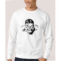 Hulk Sinirli Baskılı Beyaz Erkek Örme Sweatshirt