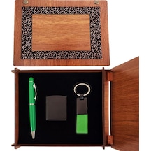 Ahşap Kutulu Yeşil Kalem Anahtarlık Çakmak Seti Hediyelik