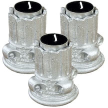 Şamdan Dekoratif Mumluk Eskitme Şamdan Set 3 Lü Üçlü Tealight Uyumlu Sütun Model - Gümüş