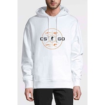 Cs Go Menu Baskılı Beyaz Erkek Örme Kapşonlu Sweatshirt